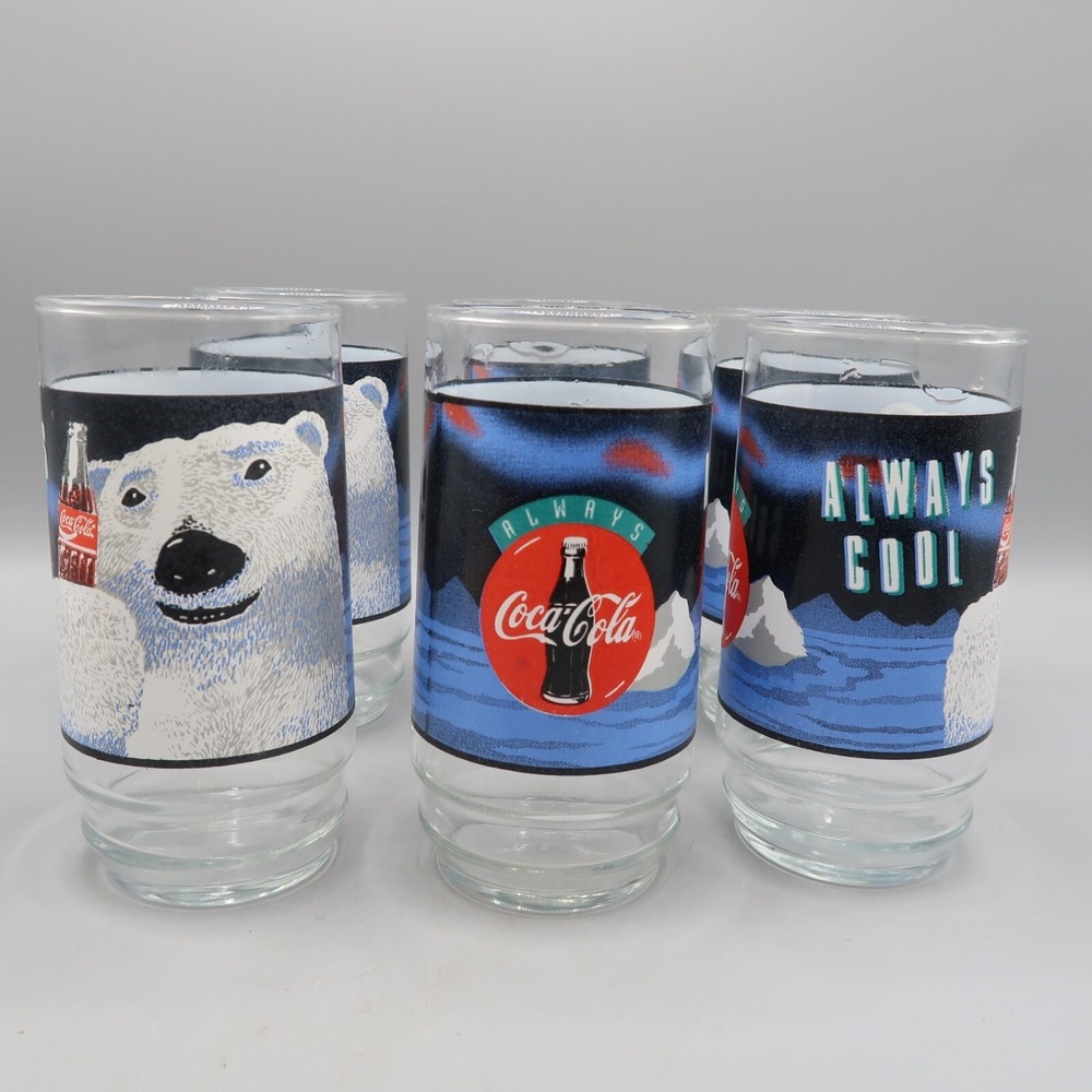 Set of 6 1992 COKE Coca Cola Polar Bear Glasses 16 oz Always Cool Vintage
